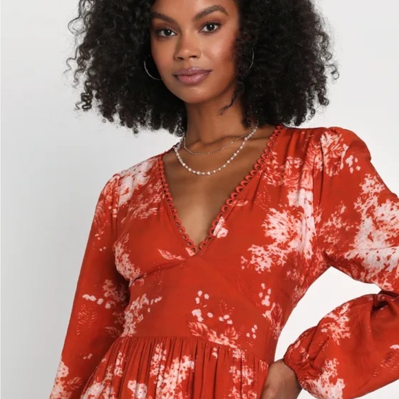 Lulu’s Striking Impression Orange Floral Print Tiered Midi Dress - Picture 3 of 8